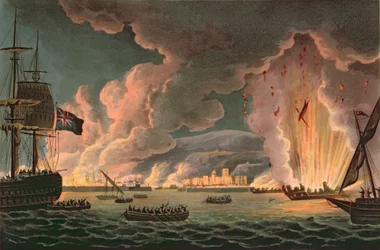 Destruction de la flotte française à Toulon, 18 décembre 1793, gravée par Thomas Sutherland, publiée en 1816